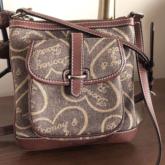 Dooney & Bourke Brown And Gold Signature Patterned Compact Crossbody Bag 🤎 - Picture 1 of 16